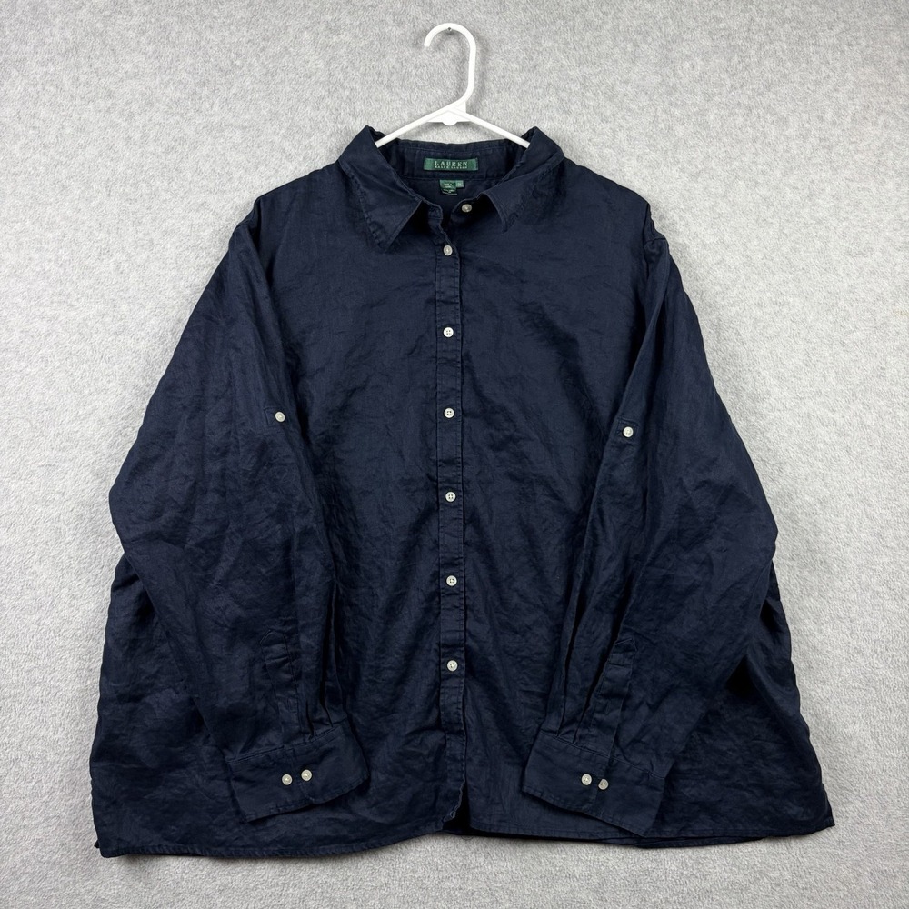 Lauren Ralph Lauren Shirt Women's 3X Navy Blue Linen Button Up Roll Sleeve